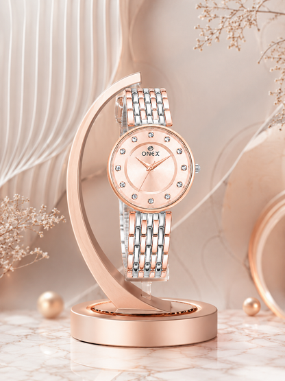 Onex Women’s Rose Gold Analog Watch with Crystal Studded Dial & Dual Tone Bracelet Strap
