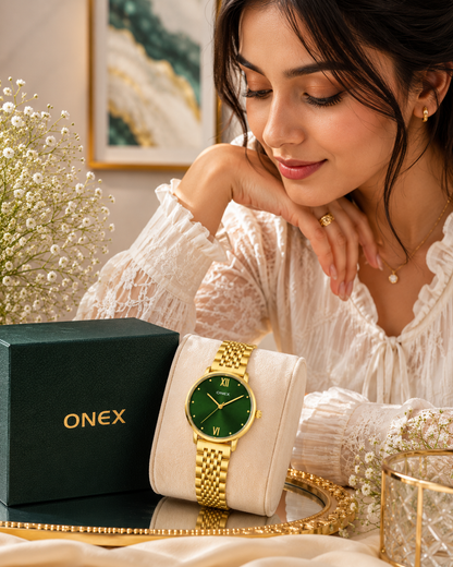 ONEX Women's Analog Wrist Watch for women | Gold Stainless Steel Bracelet Strap | Green Sunray Dial | Premium Casual & Formal Watch