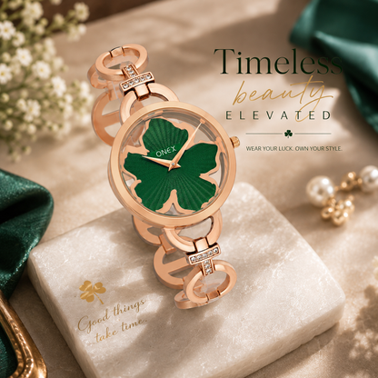 ONEX Rose Gold Women’s Bracelet Watch with Green Textured Dial & Crystal Accents