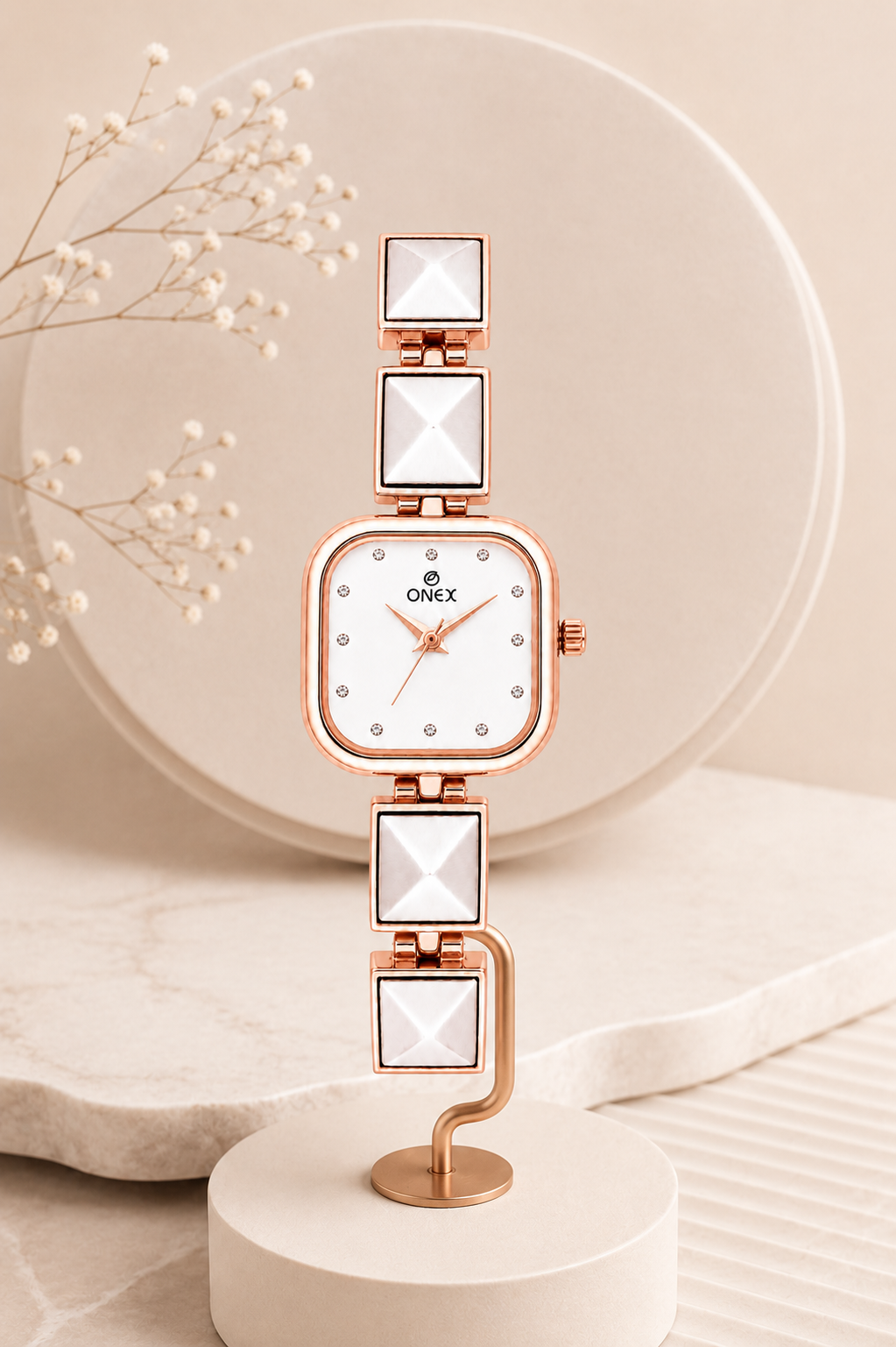 ONEX Women’s Rose Gold Square Dial Bracelet Watch with Crystal Studded White Dial
