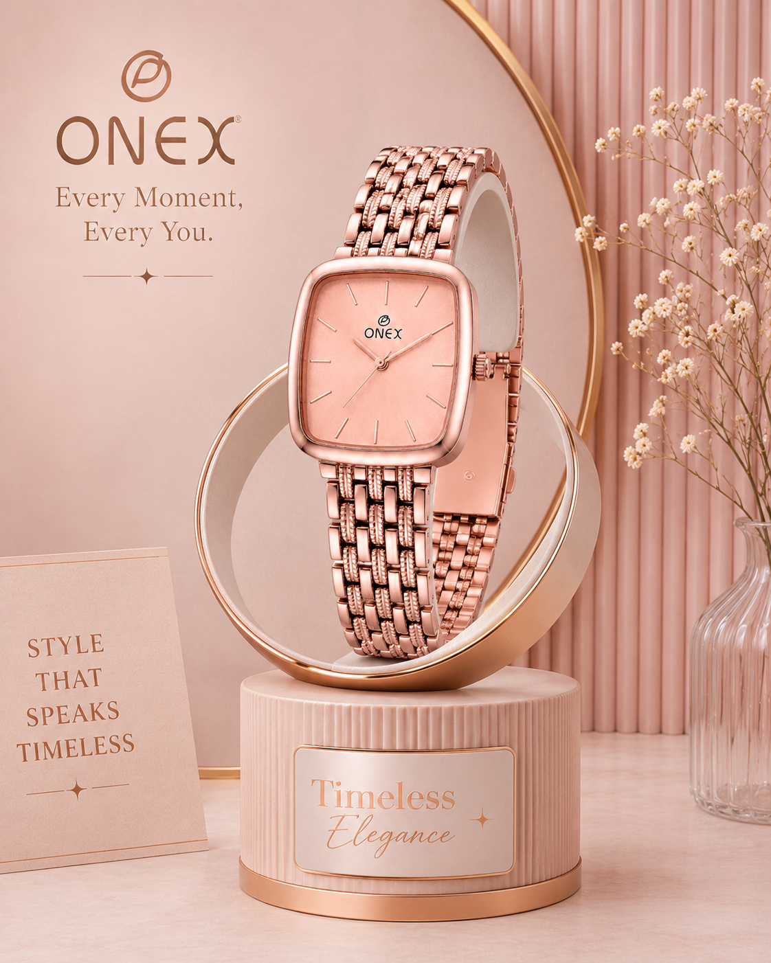 ONEX Women's Analog Rose Gold Stainless Steel Bracelet Watch | Square RoseGold Dial | Elegant Casual & Party Wear Wrist Watch for Women