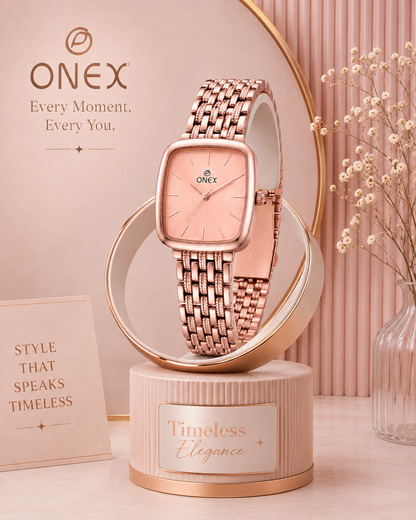 ONEX Women's Analog Rose Gold Stainless Steel Bracelet Watch | Square RoseGold Dial | Elegant Casual & Party Wear Wrist Watch for Women