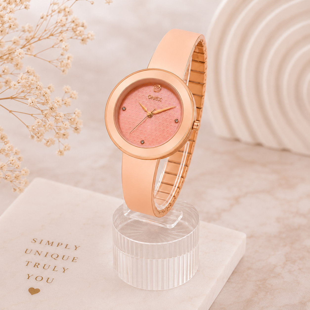 OneX Premium Rose Gold Analog Watch | Crystal-Studded Dial & Metal Bracelet