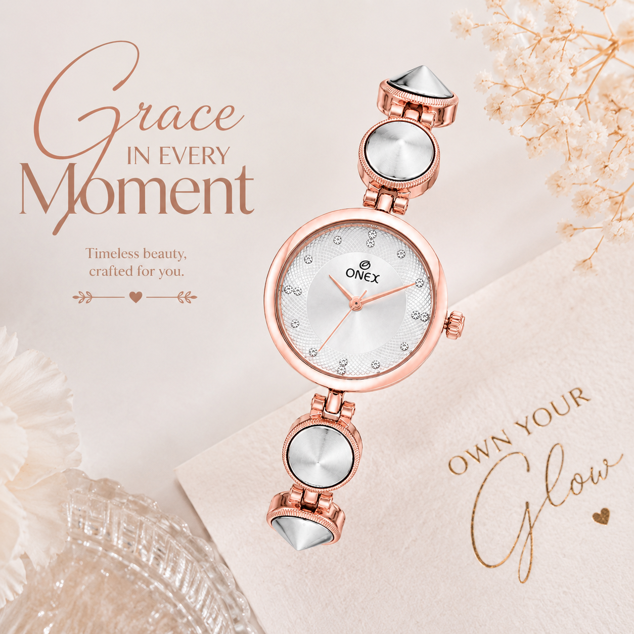 Onex Women’s Rose Gold Designer Bracelet Watch with Silver Textured Dial