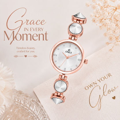 Onex Women’s Rose Gold Designer Bracelet Watch with Silver Textured Dial
