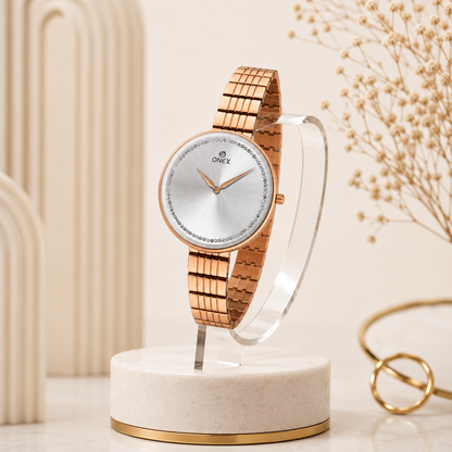 ONEX Elegant Rose Gold Women’s Watch | Silver Sunray Dial with Crystal Ring