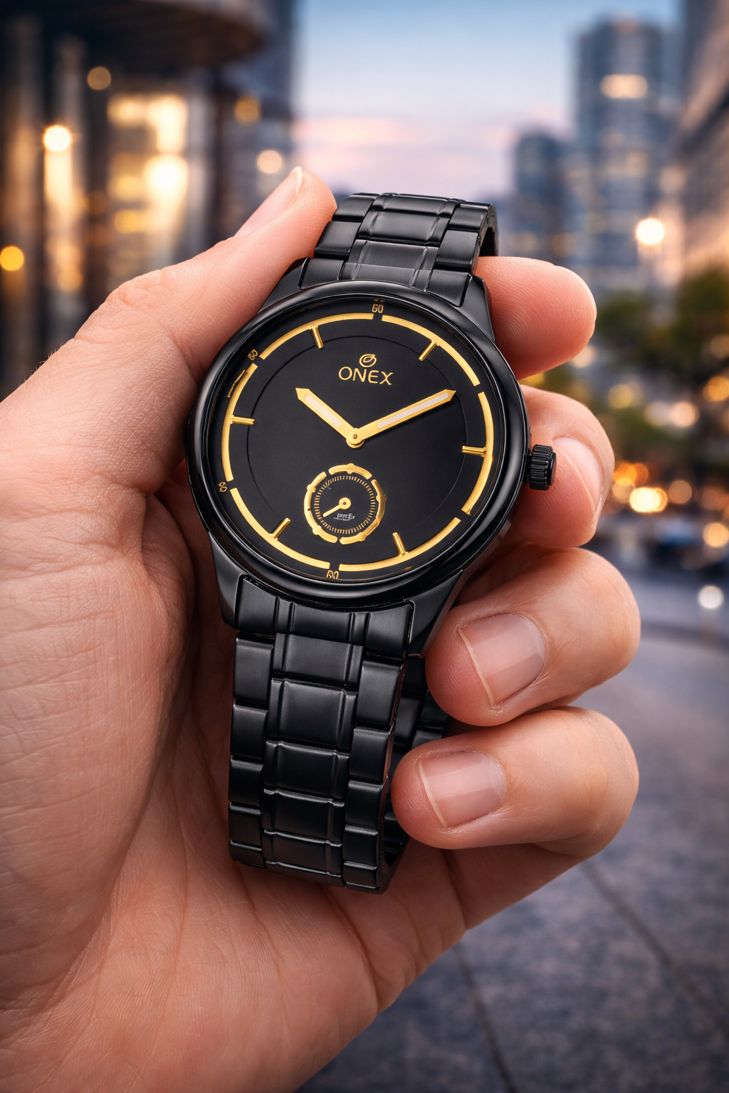 ONEX Men’s Analog Black Dial Watch with Gold Tone Markers & Stainless Steel Black Strap – Stylish Casual & Formal Watch