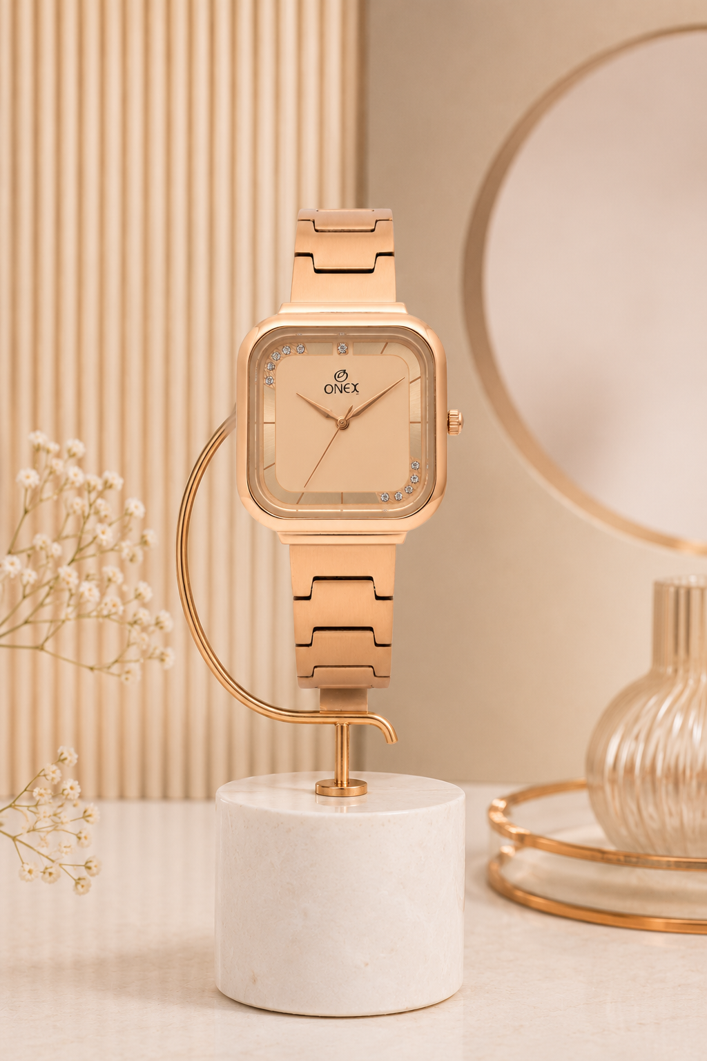 ONEX Rose Gold Square Dial Analog Watch for Women | Crystal Accent Dial | Metal Strap
