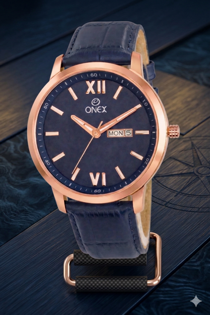 ONEX Men's Day & Date Analog Watch – Blue Dial, Rose Gold Case & Blue Leather Strap