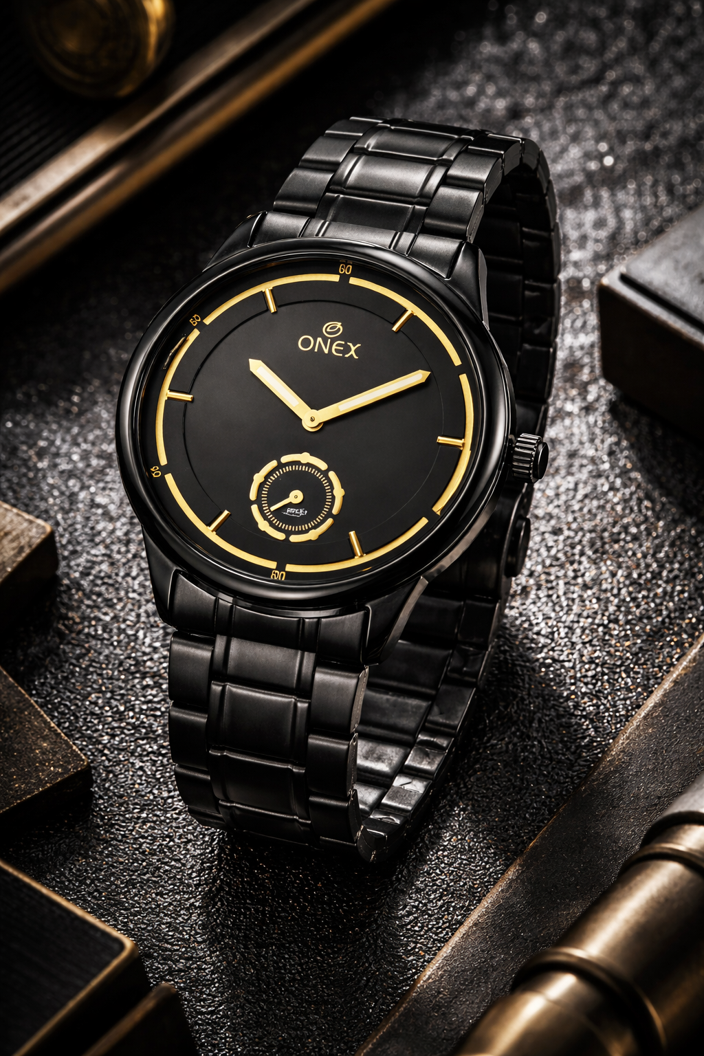 ONEX Men’s Analog Black Dial Watch with Gold Tone Markers & Stainless Steel Black Strap – Stylish Casual & Formal Watch