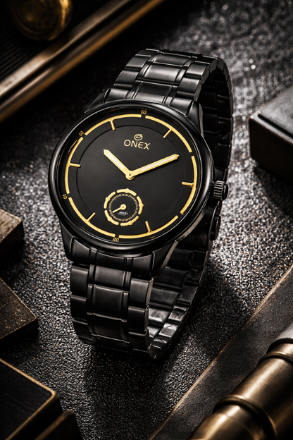 ONEX Men’s Analog Black Dial Watch with Gold Tone Markers & Stainless Steel Black Strap – Stylish Casual & Formal Watch