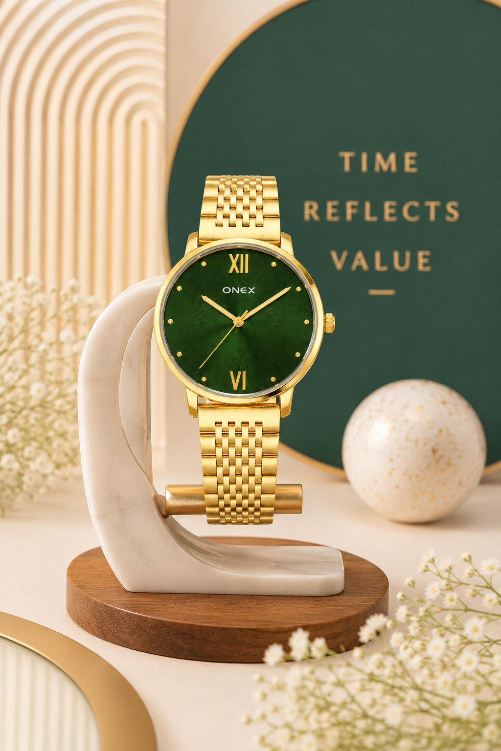 ONEX Women's Analog Wrist Watch for women | Gold Stainless Steel Bracelet Strap | Green Sunray Dial | Premium Casual & Formal Watch