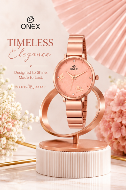 Onex Women’s Rose Gold Bracelet Watch with Crystal Markers & Dragonfly Dial