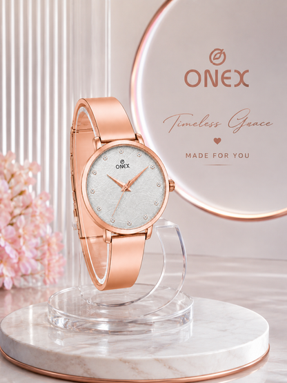 ONEX Women's Rose Gold Stainless Steel Analog Watch | Textured Silver Dial with Crystal Hour Markers | Elegant Bracelet Strap | Fashion Wrist Watch for Women