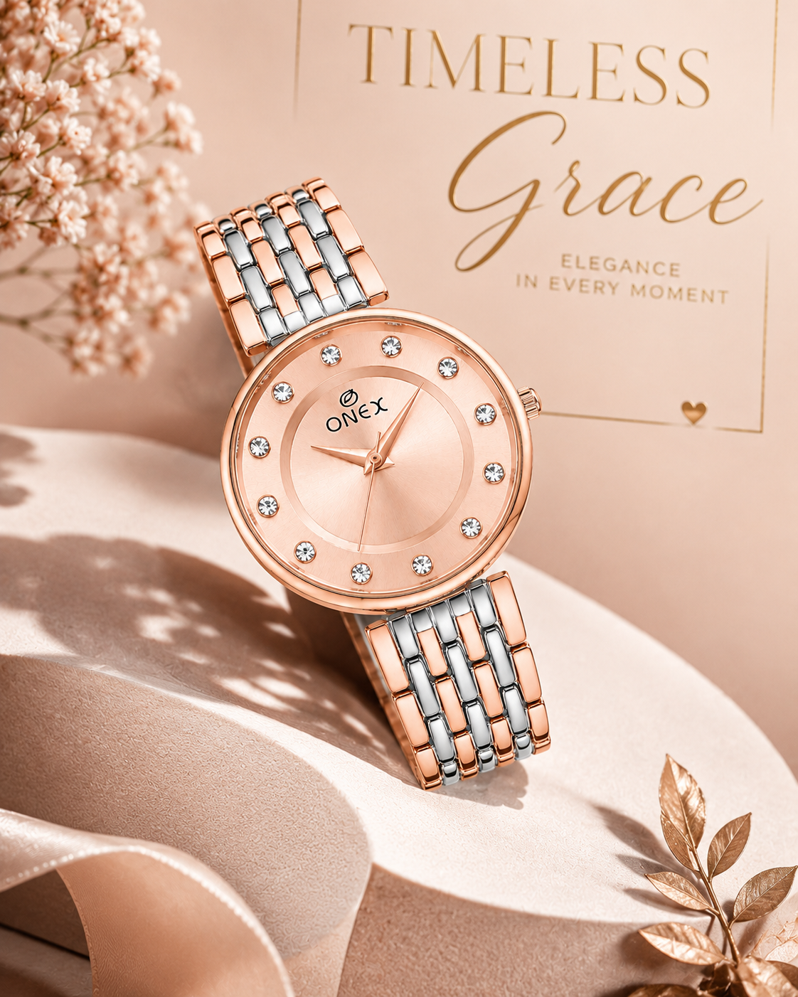 Onex Women’s Rose Gold Analog Watch with Crystal Studded Dial & Dual Tone Bracelet Strap