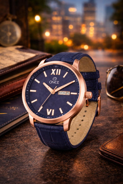 ONEX Men's Day & Date Analog Watch – Blue Dial, Rose Gold Case & Blue Leather Strap
