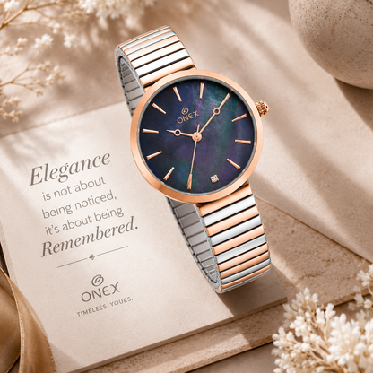 Onex Women’s Rose Gold Blue Pearl Dial Slim Bracelet Watch