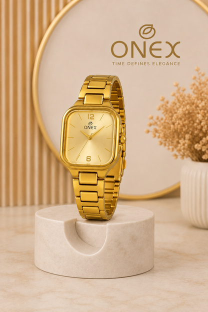 Onex Elegant Gold Square Dial Women’s Watch – Premium Stainless Steel Bracelet