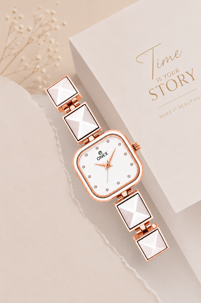 ONEX Women’s Rose Gold Square Dial Bracelet Watch with Crystal Studded White Dial