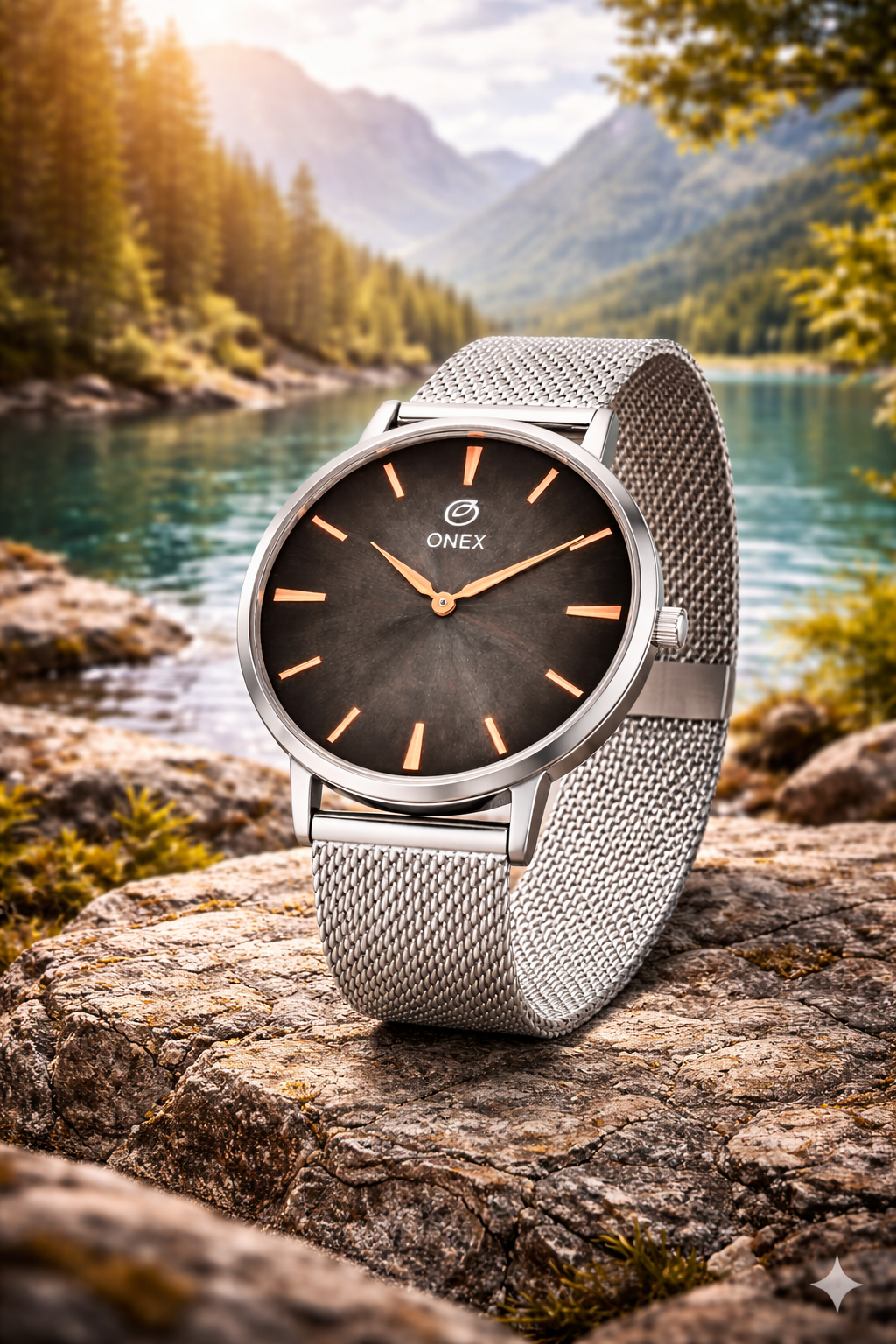 ONEX Men’s Analog Watch with Grey Sunray Dial & Silver Stainless Steel Mesh Strap | Minimal Classic Design
