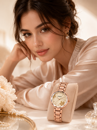 ONEX Women's Rose Gold Analog Watch | Floral Sunray RoseGold Dial | Premium Bracelet Strap | Quartz Movement | Elegant Dress Watch
