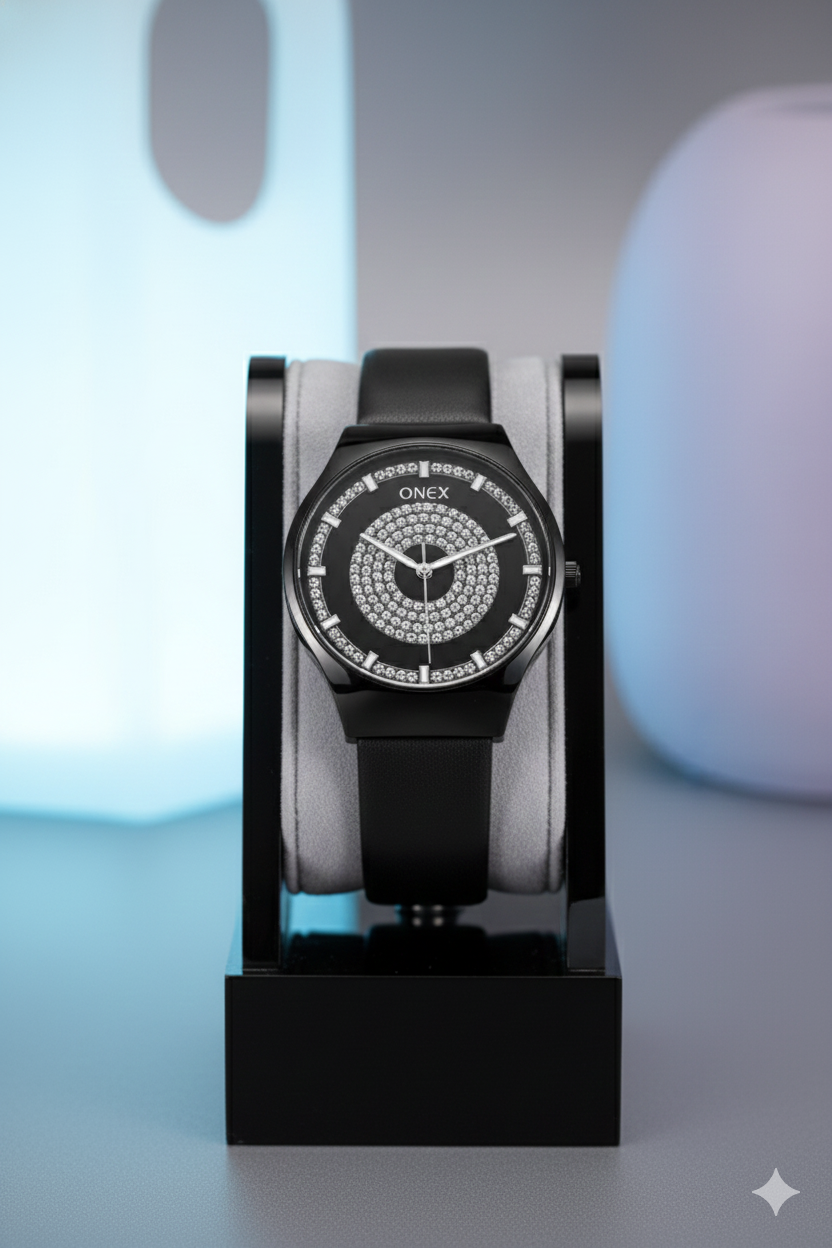 ONEX Luxury Black Dial Analog Watch with Crystal Studded Design & Black Leather Strap