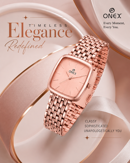 ONEX Women's Analog Rose Gold Stainless Steel Bracelet Watch | Square RoseGold Dial | Elegant Casual & Party Wear Wrist Watch for Women