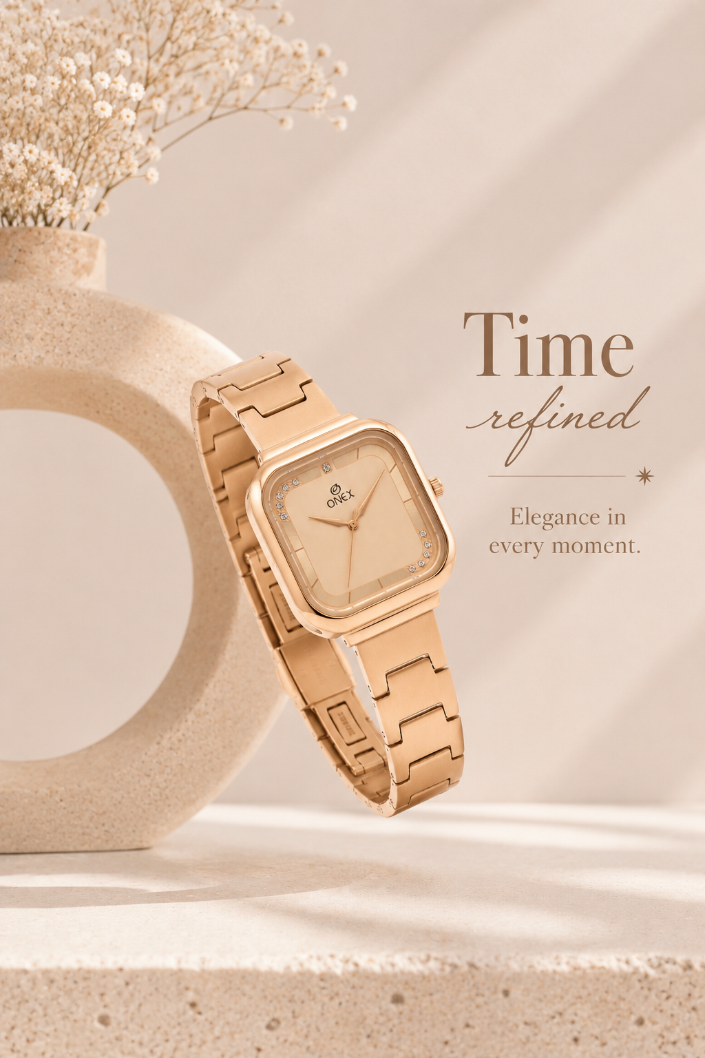 ONEX Rose Gold Square Dial Analog Watch for Women | Crystal Accent Dial | Metal Strap