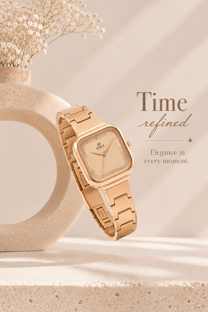 ONEX Rose Gold Square Dial Analog Watch for Women | Crystal Accent Dial | Metal Strap