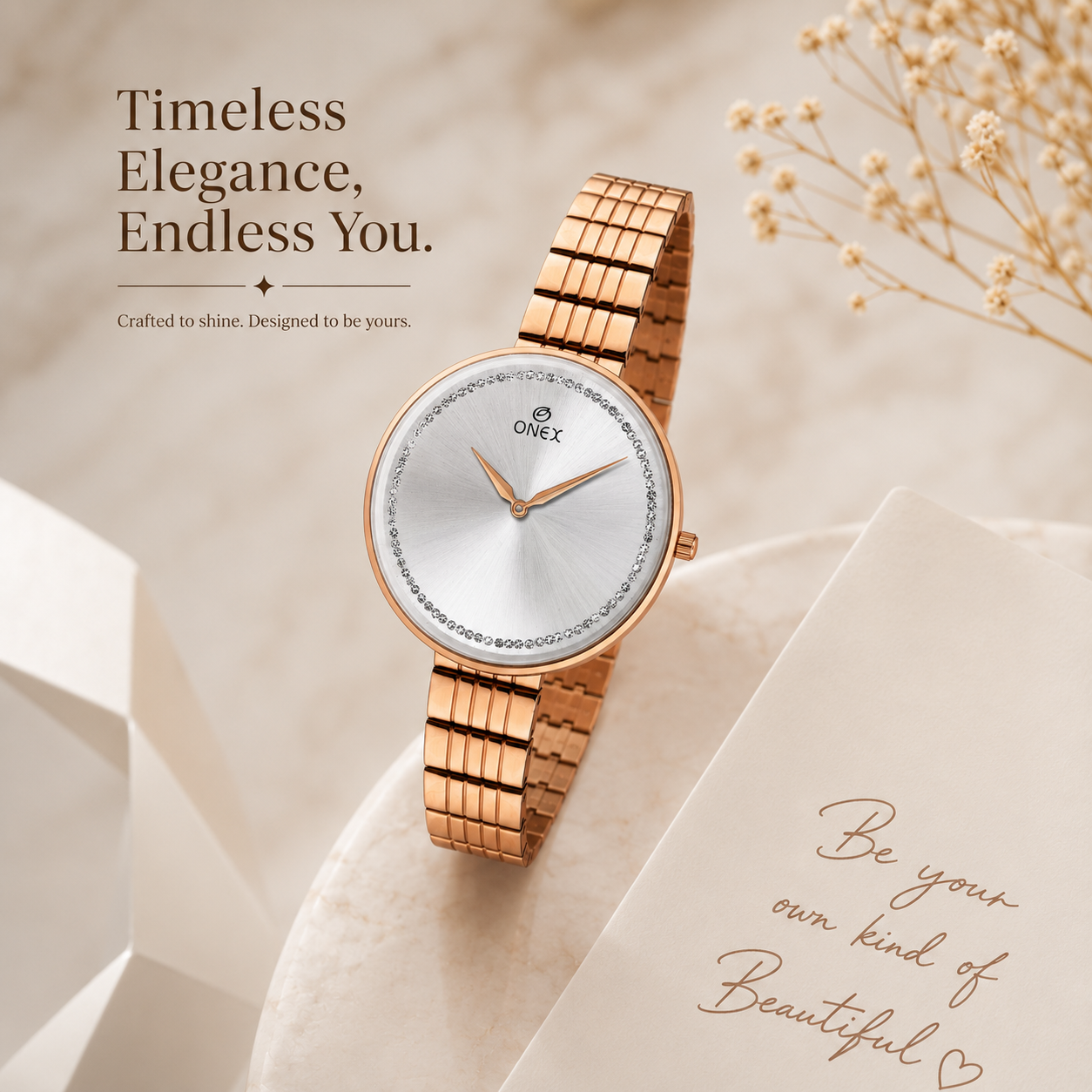 ONEX Elegant Rose Gold Women’s Watch | Silver Sunray Dial with Crystal Ring