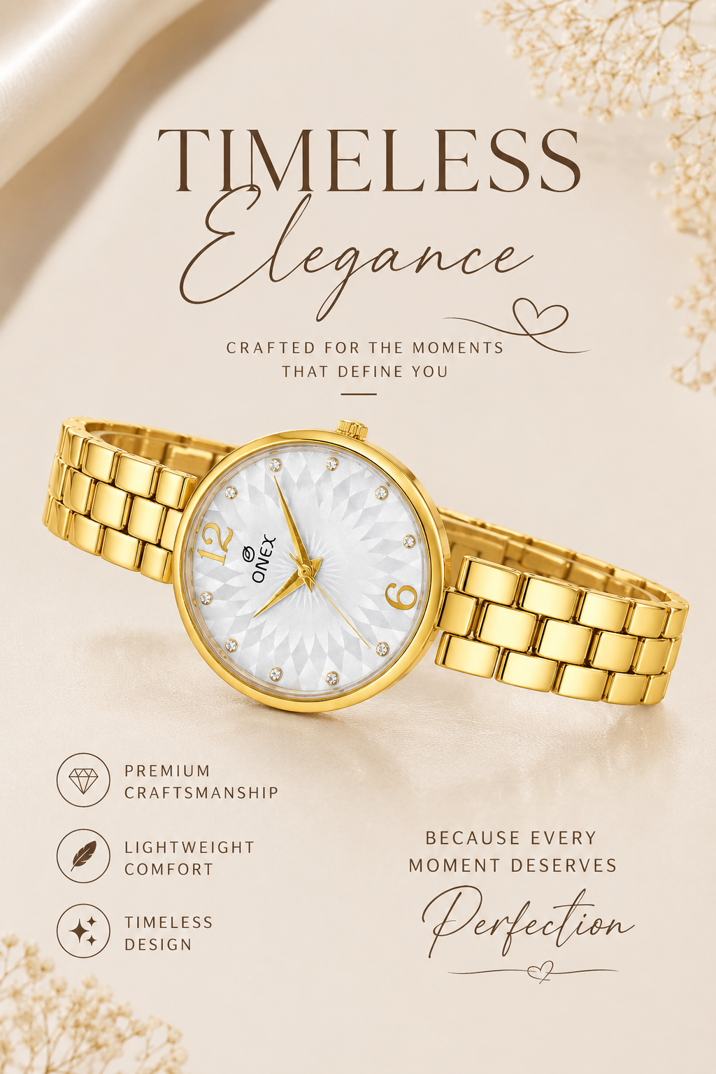 ONEX Women’s Gold-Tone Designer Bracelet Watch with Crystal Studded Dial Silver