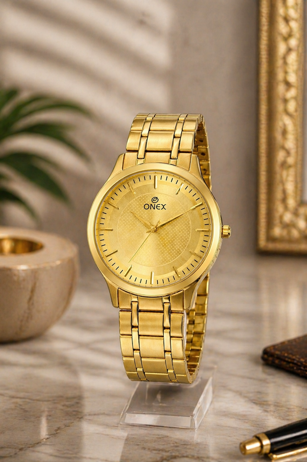 ONEX Premium Gold-Tone Analog Watch for Women | Stainless Steel Bracelet Strap | Quartz Movement | Elegant Casual & Party Wear Wrist Watch