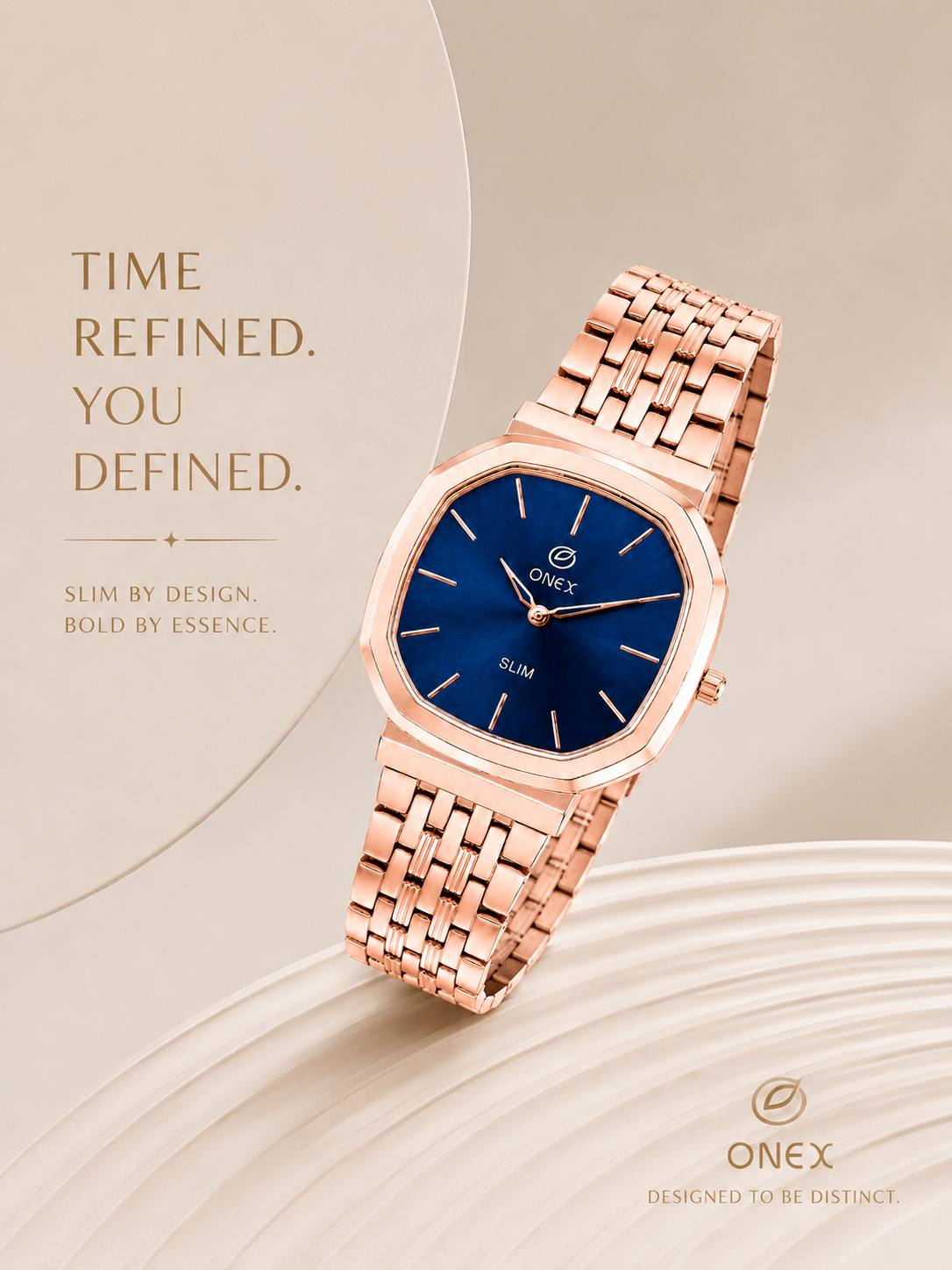 Onex Slim Rose Gold Stainless Steel Analog Watch for Women | Blue Sunray Dial | Elegant Bracelet Strap