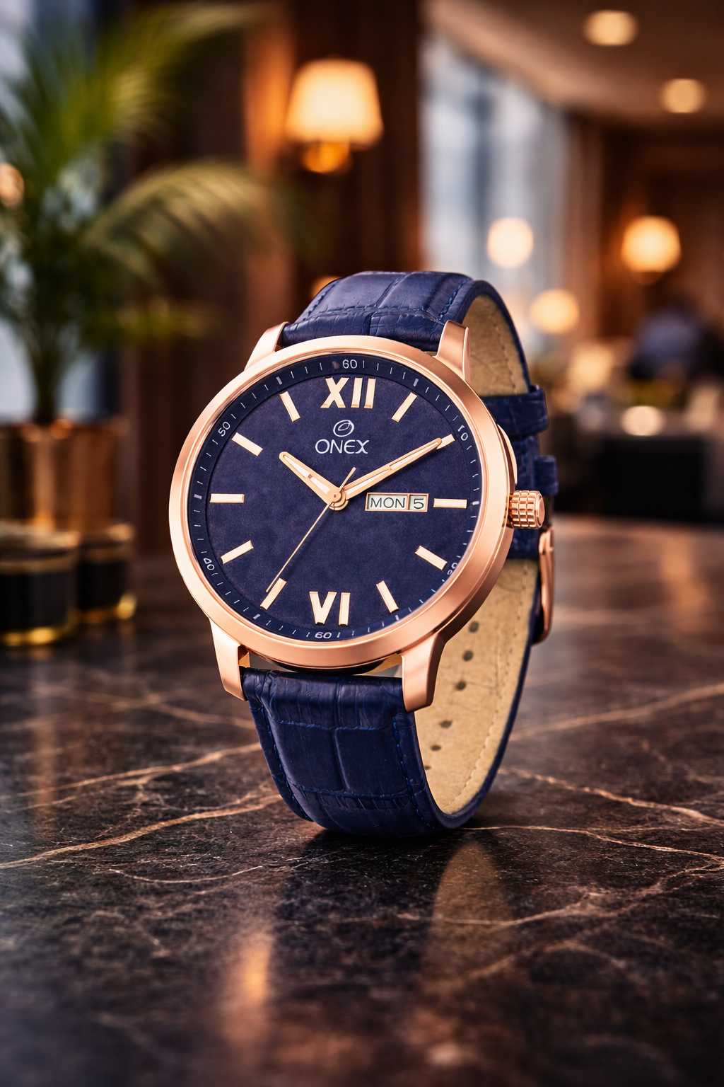 ONEX Men's Day & Date Analog Watch – Blue Dial, Rose Gold Case & Blue Leather Strap