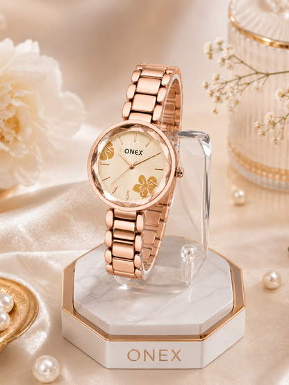 ONEX Women's Rose Gold Analog Watch | Floral Sunray RoseGold Dial | Premium Bracelet Strap | Quartz Movement | Elegant Dress Watch