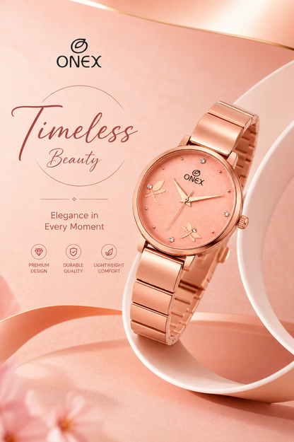 Onex Women’s Rose Gold Bracelet Watch with Crystal Markers & Dragonfly Dial