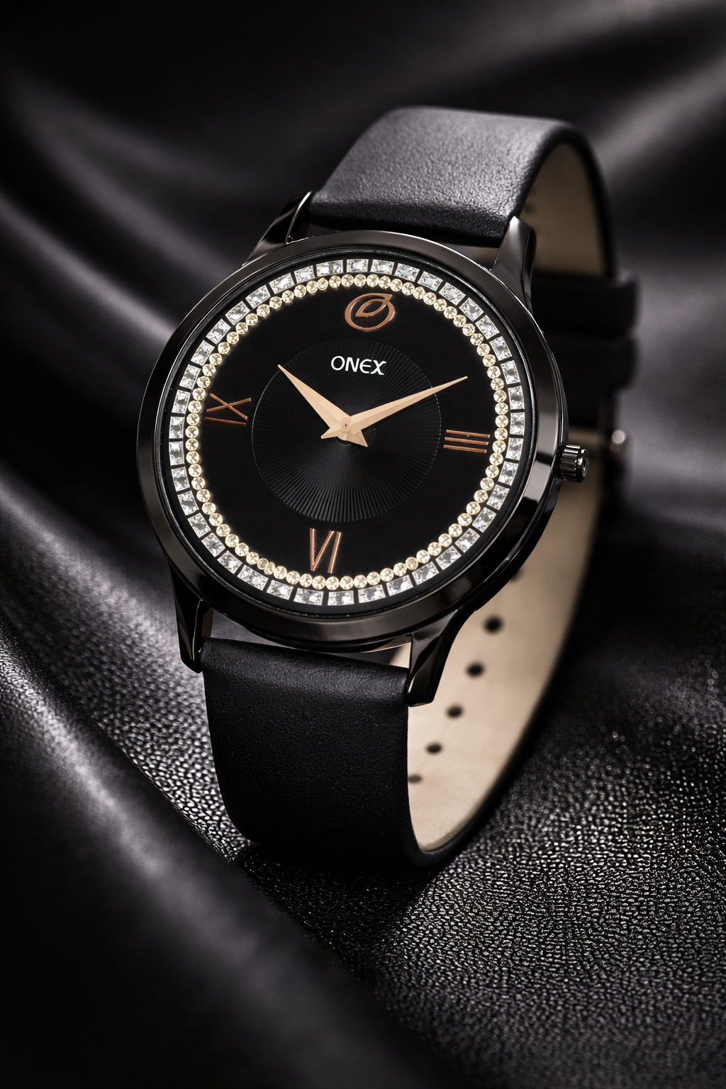 ONEX Men’s Analog Watch with Black Dial, Crystal Studded Bezel & Black Leather Strap – Stylish Casual & Formal Wrist Watch for Men
