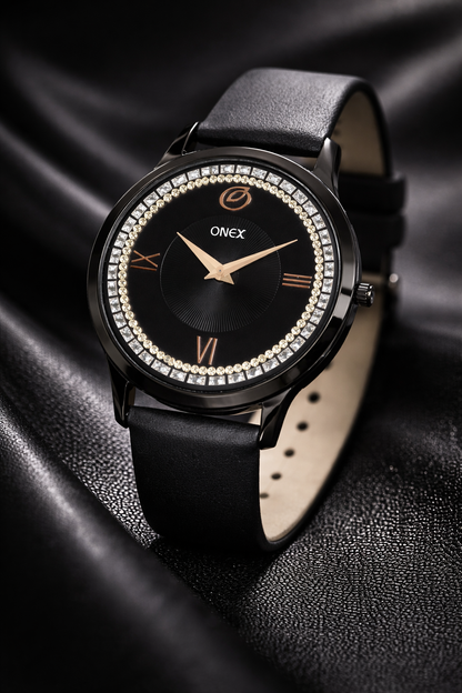 ONEX Men’s Analog Watch with Black Dial, Crystal Studded Bezel & Black Leather Strap – Stylish Casual & Formal Wrist Watch for Men