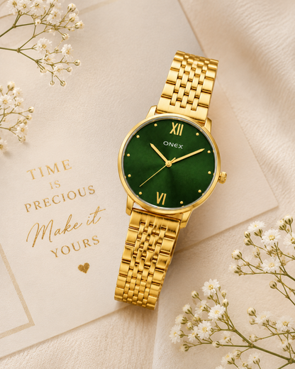 ONEX Women's Analog Wrist Watch for women | Gold Stainless Steel Bracelet Strap | Green Sunray Dial | Premium Casual & Formal Watch