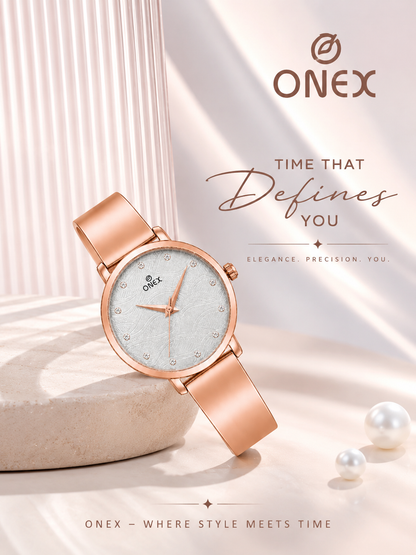 ONEX Women's Rose Gold Stainless Steel Analog Watch | Textured Silver Dial with Crystal Hour Markers | Elegant Bracelet Strap | Fashion Wrist Watch for Women