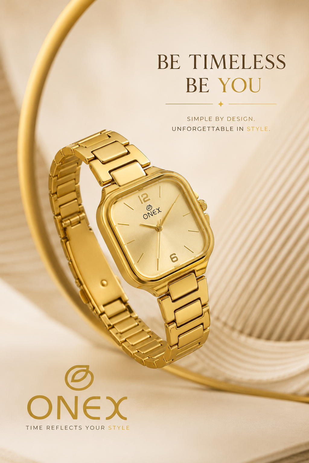 Onex Elegant Gold Square Dial Women’s Watch – Premium Stainless Steel Bracelet