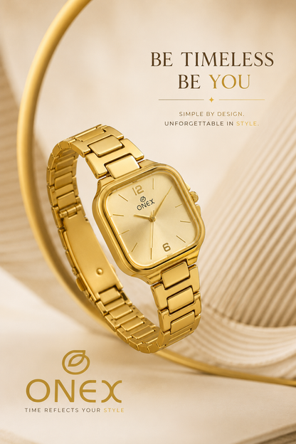 Onex Elegant Gold Square Dial Women’s Watch – Premium Stainless Steel Bracelet