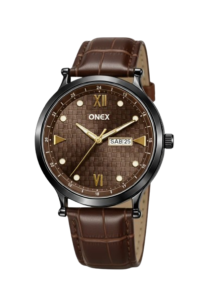ONEX Men’s Analog Watch with Day & Date Display, Brown Textured Dial, Brown Leather Strap, Roman Index – Stylish Formal Wrist Watch for Men