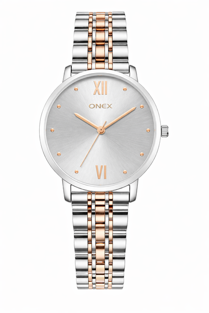 ONEX Women's Analog Wrist Watch for women | Two Tone Stainless Steel Bracelet Strap | Silver Sunray Dial | Premium Casual & Formal Watch