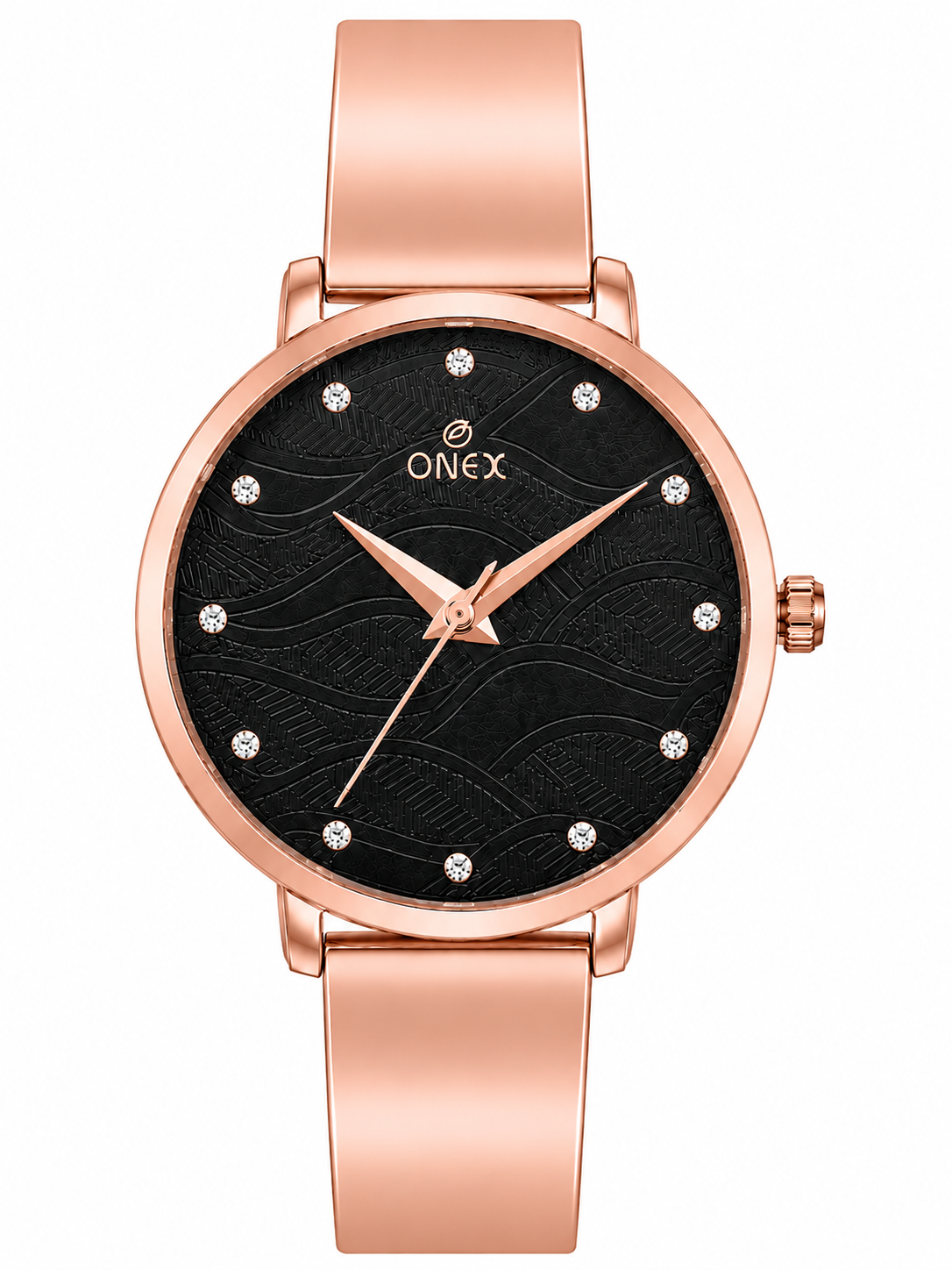 ONEX Women's Rose Gold Stainless Steel Analog Watch | Textured Black Dial with Crystal Hour Markers | Elegant Bracelet Strap | Fashion Wrist Watch for Women