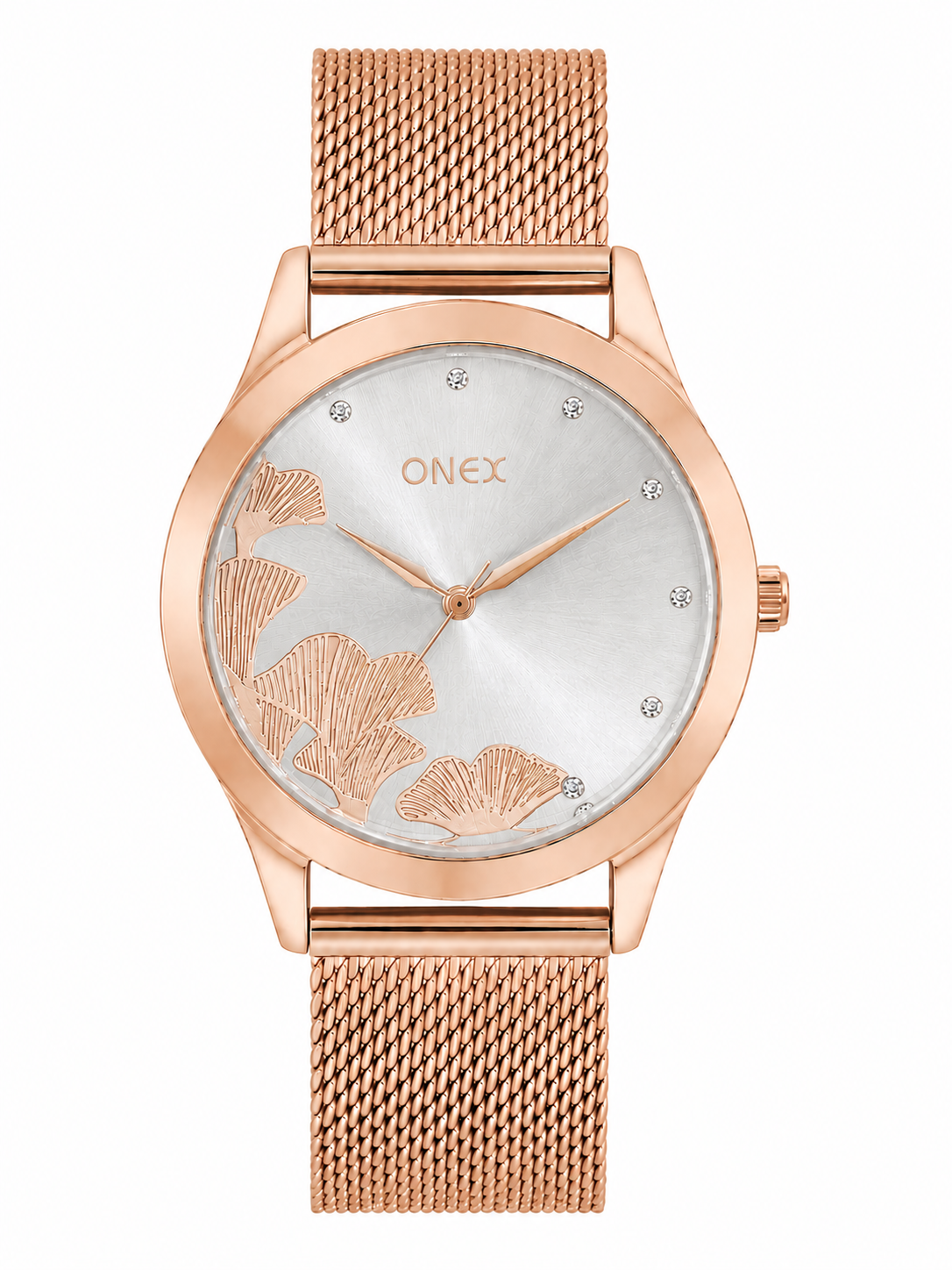 ONEX Women's Rose Gold Mesh Strap Analog Watch with Crystal Hour Markers & Elegant Floral Sunray Silver Dial