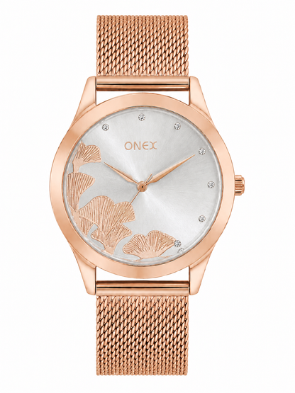 ONEX Women's Rose Gold Mesh Strap Analog Watch with Crystal Hour Markers & Elegant Floral Sunray Silver Dial