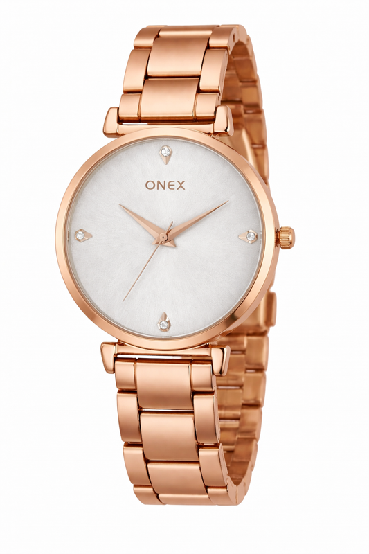 ONEX Women's Rose Gold Analog Watch | Elegant Glossy Metal Bracelet | Premium Sunray Silver Dial  | Fashion Wrist Watch for Women