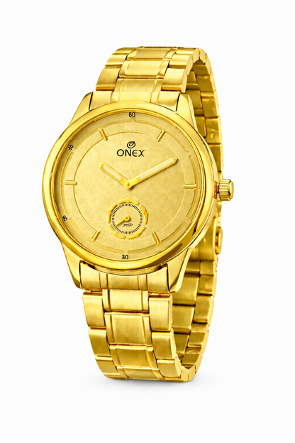 ONEX Men’s Analog Golden Dial Watch with Gold Tone Markers & Stainless Steel Golden Strap – Stylish Casual & Formal Watch