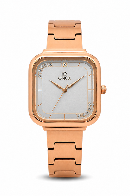 ONEX Rose Gold Square Dial Analog Watch for Women | Crystal Accent Dial | Metal Strap